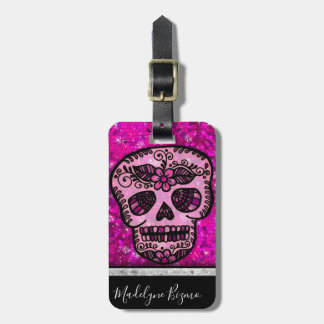 Rosa Glitzer Elegantes Schwarzes Skull Travel Mono Gepäckanhänger
