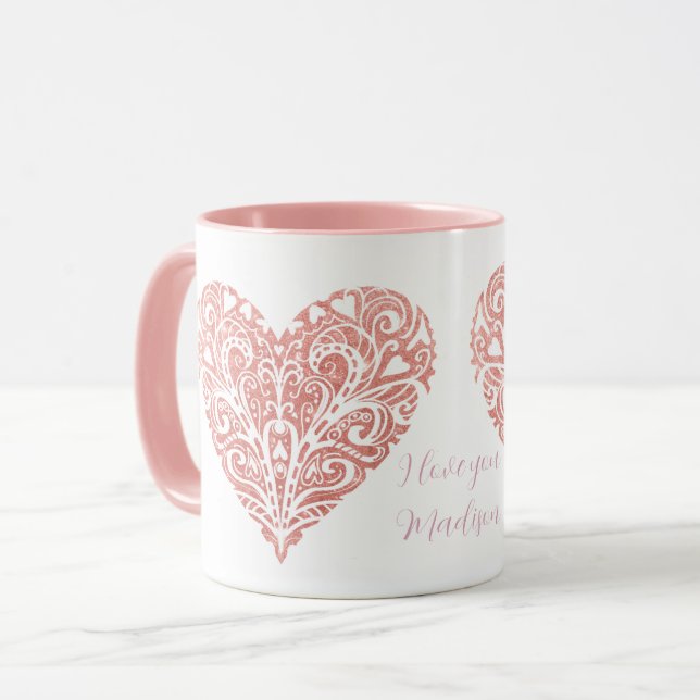 Rosa Glitzer Filigree Personalisiert Valentine Tas Tasse (Vorderseite Links)