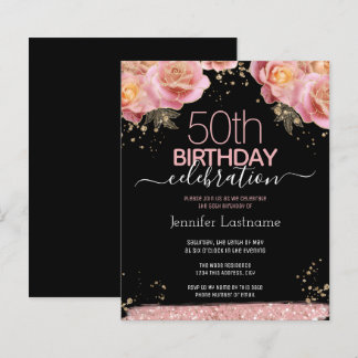 Rosa Glitzer Floral 50. Geburtstag Einladungen
