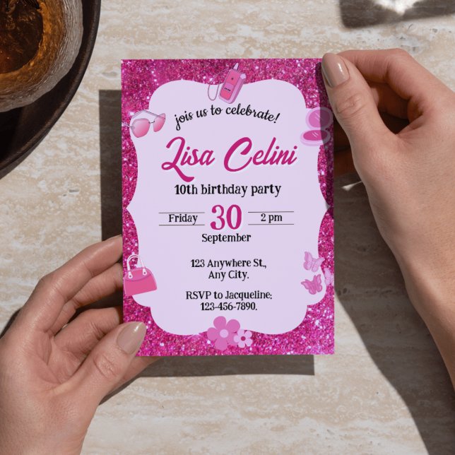 Rosa Glitzer Floral Girl Einladung zum Geburtstag (Pink Glitter Floral Girl Birthday Invitations - Sparkly & Feminine Bday Invites)