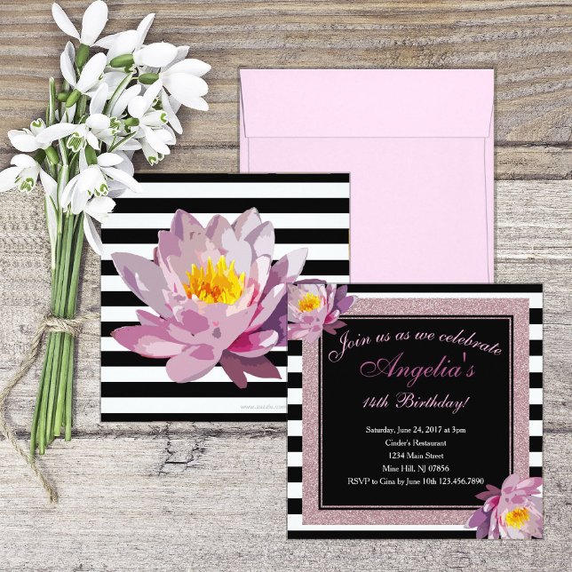 Rosa Glitzer Floral Stripe Einladung zum Geburtsta (Von Creator hochgeladen)