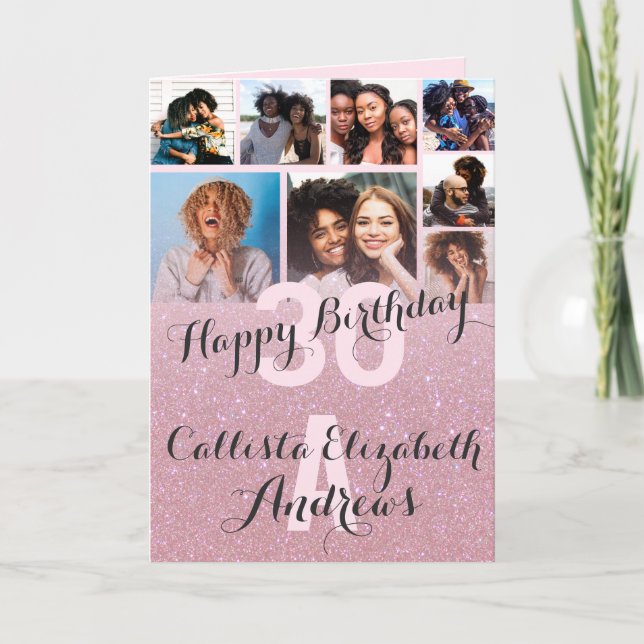 Rosa Glitzer Foto Collage Happy Birthday Karte (Vorderseite)