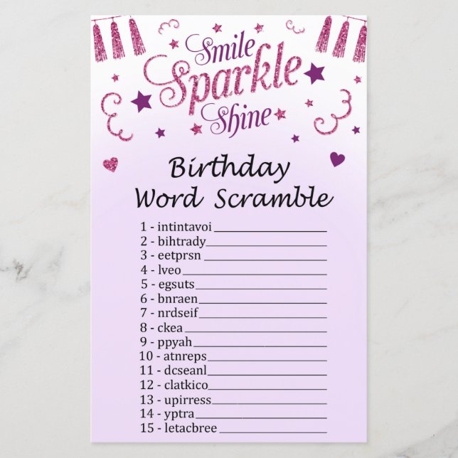 Rosa Glitzer Geburtstag Word Scramble Game (Vorderseite)