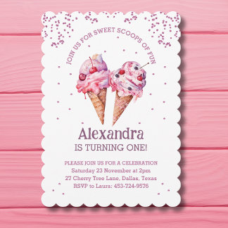 Rosa Glitzer Girl Ice Creme 1. Geburtstag Einladung