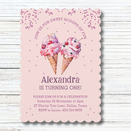 Rosa Glitzer Girl Ice Creme 1. Geburtstag Party Einladung