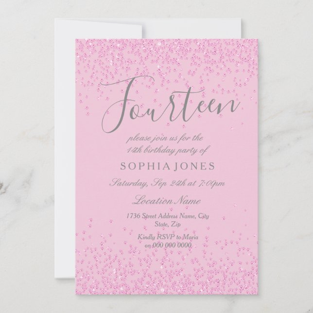 Rosa Glitzer Girls 14. Geburtstagsparty Einladung (Vorderseite)