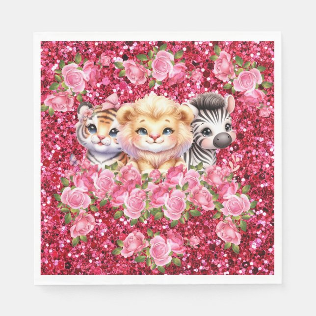 Rosa Glitzer GIrl's Baby Shower Wild Animals Serviette (Vorderseite)