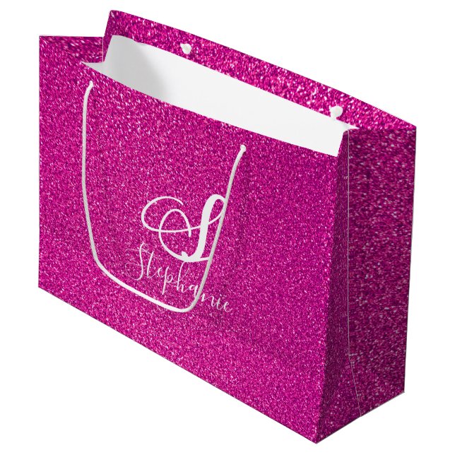 Rosa Glitzer Girly Monogramme Niedlich farbig Hübs Große Geschenktüte (Vorderseite Schrägansicht)