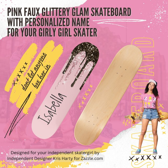 Rosa Glitzer Girly Sparky Personalisierter Name Skateboard (Girl power for your authentic skatergirl with this personalized pink skateboard with faux glitter.)