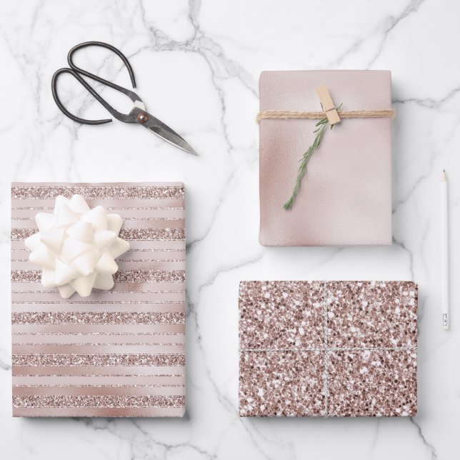 Rosa Glitzer Glam Streifen Geschenkpapier Set (Vorderseite)