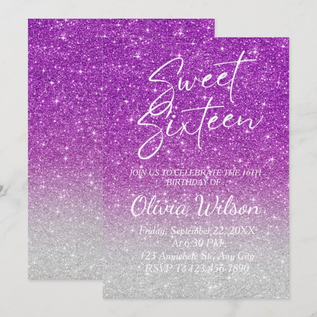Rosa Glitzer Glitzern Ombre Sweet 16 Einladung (Vorne/Hinten)