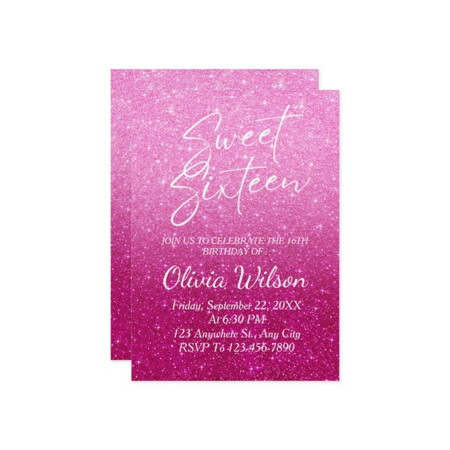 Rosa Glitzer Glitzern Ombre Sweet 16 Einladung (Vorderseite/Rückseite Beispiel)