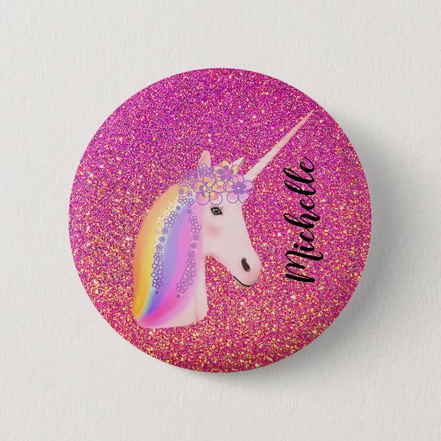 Rosa Glitzer Glitzern Unicorn Girl's Personalisier Button (Vorderseite)