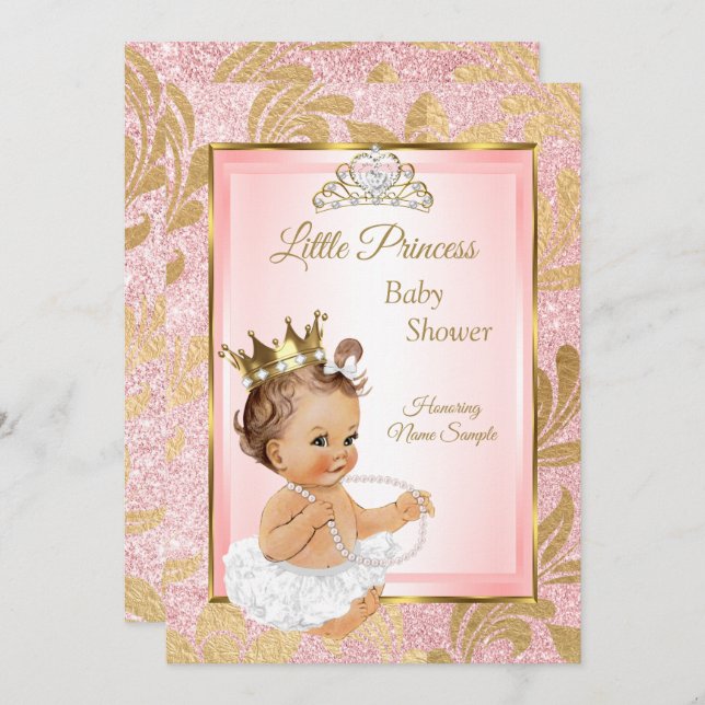 Rosa Glitzer Gold Princess Kinderdusche Brünett Einladung (Vorne/Hinten)