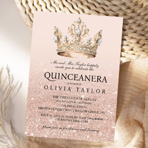 Rosa Glitzer Goldkrone Quinceanera 15. Geburtstag Einladung