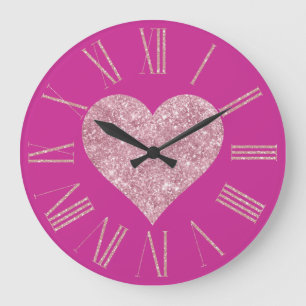 Rosa Glitzer Herz auf Fuchsia Große Wanduhr