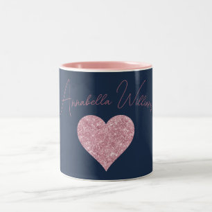 Rosa Glitzer Herz auf Navy Blue Zweifarbige Tasse