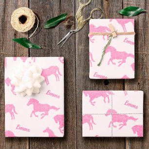 Rosa Glitzer Horse Pattern Girl Name Geburtstag Geschenkpapier Set