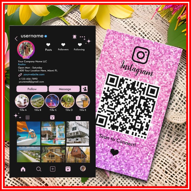 Rosa Glitzer Instagram LUXURY QR Code Visitenkarte (Von Creator hochgeladen)