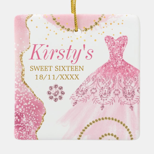 Rosa Glitzer Kleid & Glam Kante & Diamanten Sweet  Keramikornament (Vorderseite)