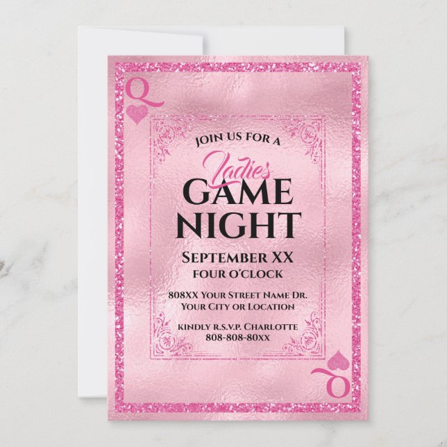 Rosa Glitzer Königin der Herzen Ladys Game Night Einladung (Vorderseite)