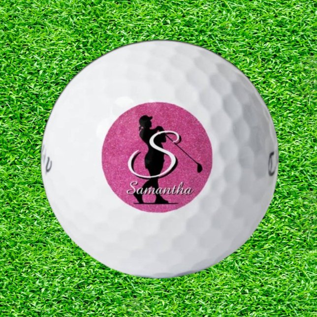 Rosa Glitzer Lady Golfer Monogram Golfball (Pink Glitter Lady Golfer Monogram Golf Balls)