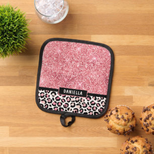 Rosa Glitzer Leopard Druckschimmer Personalisiert Topflappen