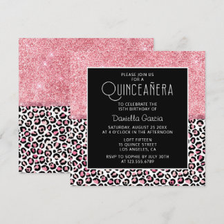 Rosa Glitzer Leopard Druckschimmer Quinceañera Einladung