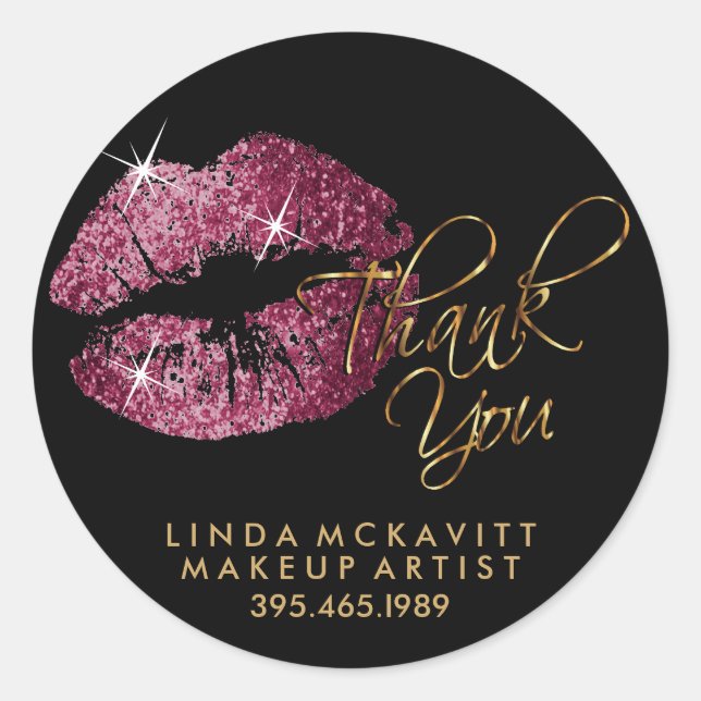 Rosa Glitzer Lip Color - Danke Runder Aufkleber (Vorderseite)