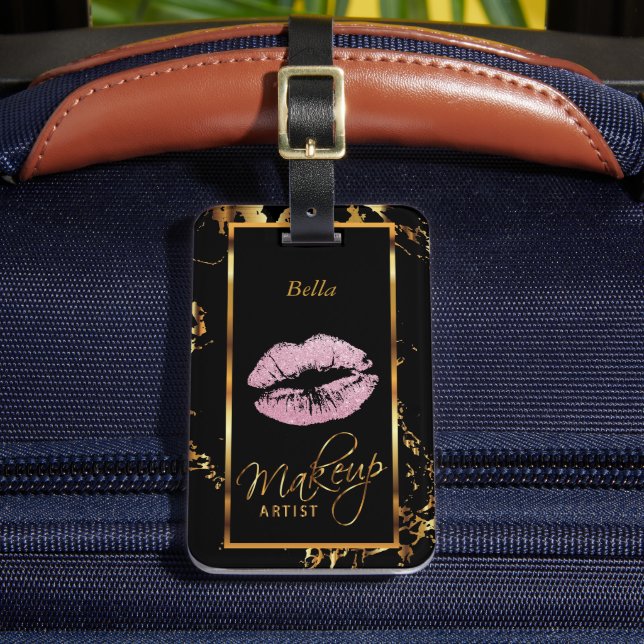 Rosa Glitzer Lippen auf Marmor Gold - Makeup Artis Gepäckanhänger (Vorderseite Insitu 2)