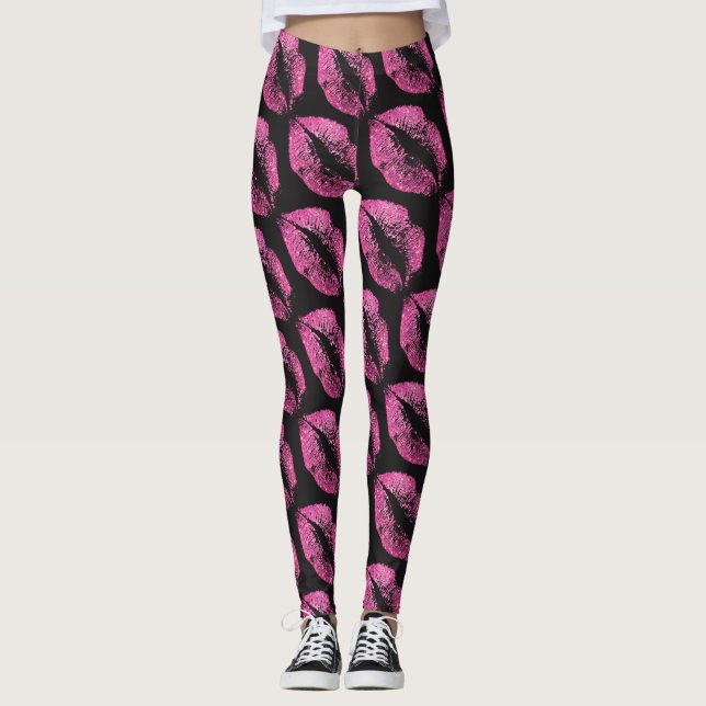Rosa Glitzer Lippen Modernes Schwarzes Leggings (Vorderseite)