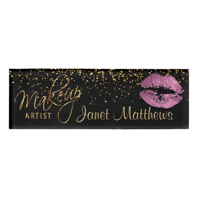 Rosa Glitzer Lippen und edles Gold Namenschild (Vorderseite)