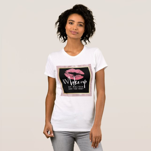 Rosa Glitzer Lips & Rose Gold Blätter Makeup Biz T-Shirt (Vorne ganz)