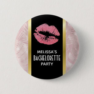 Rosa Glitzer Lips & Rose Gold Tropische Blätter Button