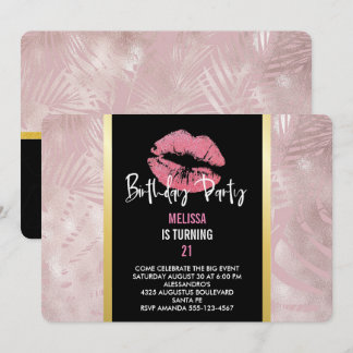 Rosa Glitzer Lips & Rose Gold Tropische Blätter Einladung