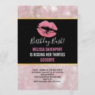 Rosa Glitzer Lips & Rose Gold Tropische Blätter Einladung