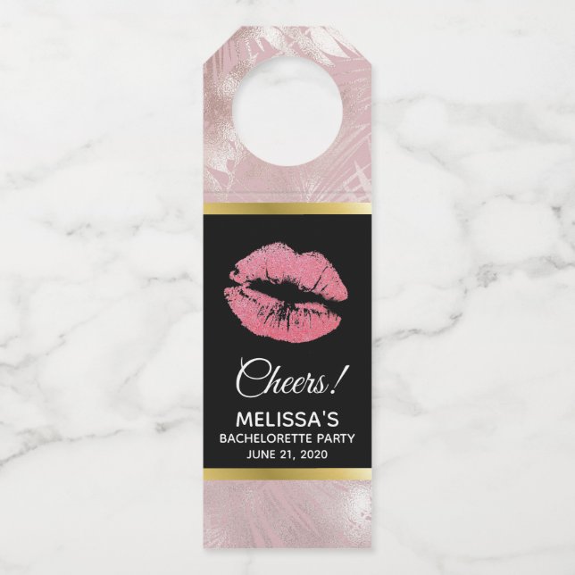 Rosa Glitzer Lips & Rose Gold Tropische Blätter Flaschenanhänger (Vorderseite)