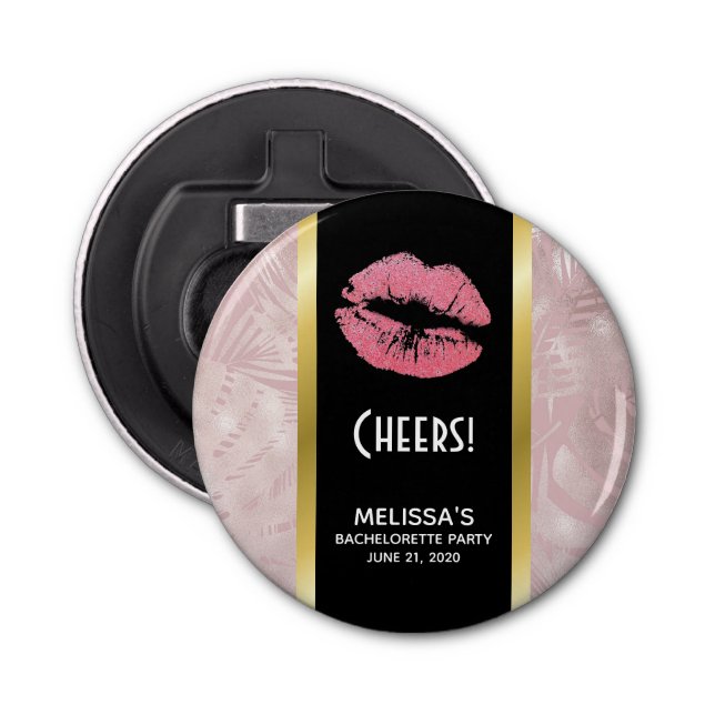 Rosa Glitzer Lips & Rose Gold Tropische Blätter Flaschenöffner (Vorderseite)