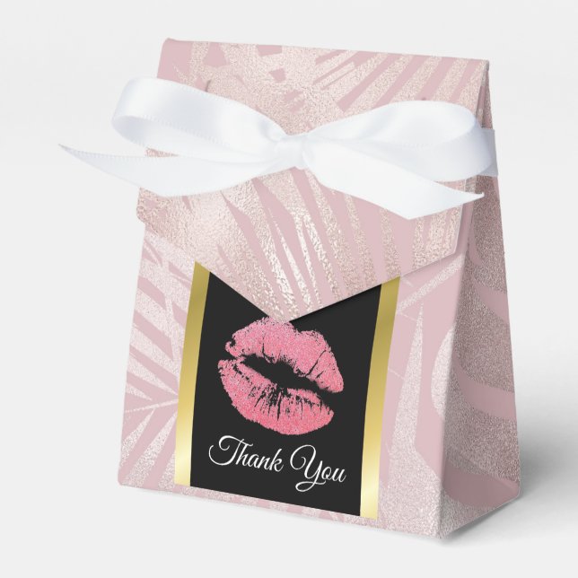 Rosa Glitzer Lips & Rose Gold Tropische Blätter Geschenkschachtel (Vorderseite)