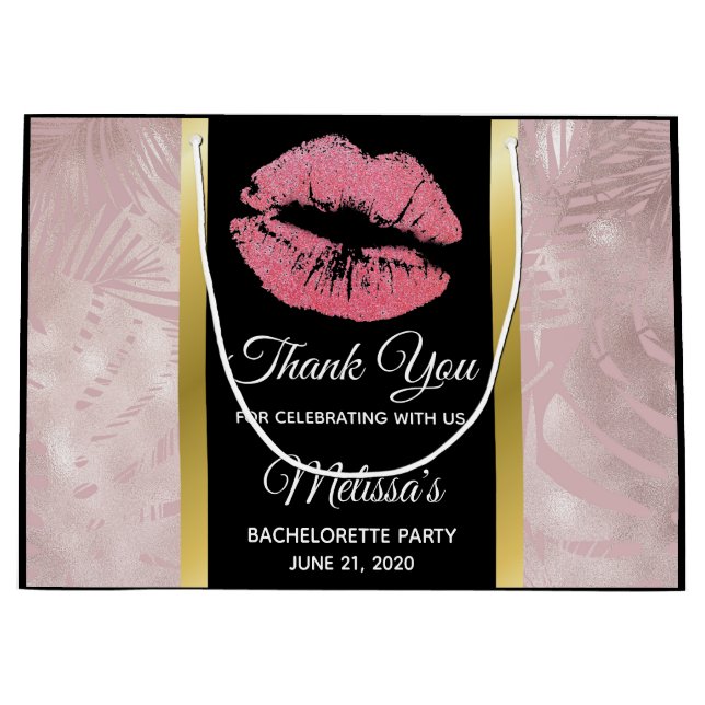 Rosa Glitzer Lips & Rose Gold Tropische Blätter Große Geschenktüte (Vorderseite)