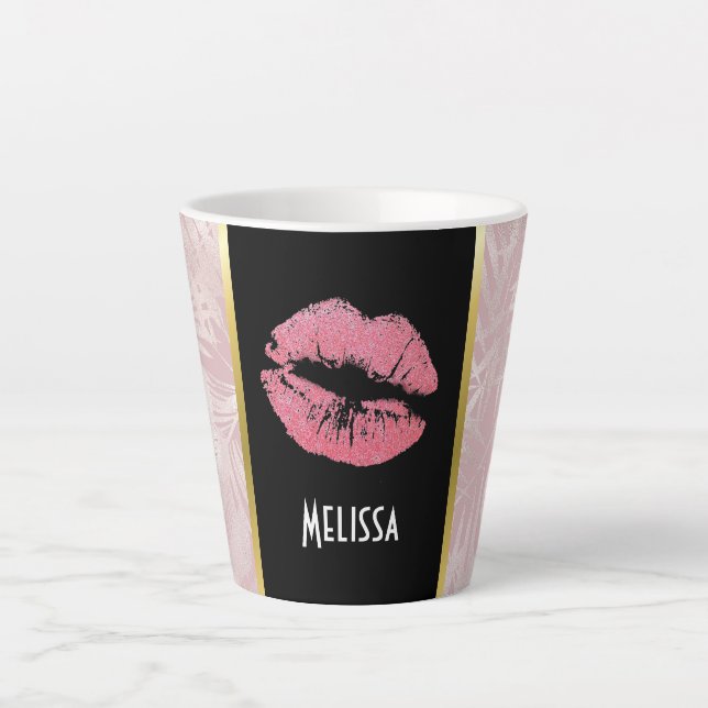 Rosa Glitzer Lips & Rose Gold Tropische Blätter Milchtasse (Vorderseite)