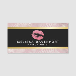 Rosa Glitzer Lips & Rose Gold Tropische Blätter Namensschild