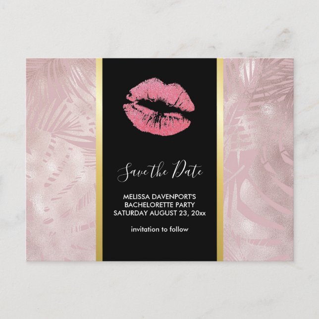 Rosa Glitzer Lips & Rose Gold Tropische Blätter Postkarte (Vorderseite)
