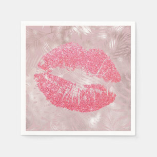 Rosa Glitzer Lips & Rose Gold Tropische Blätter Serviette