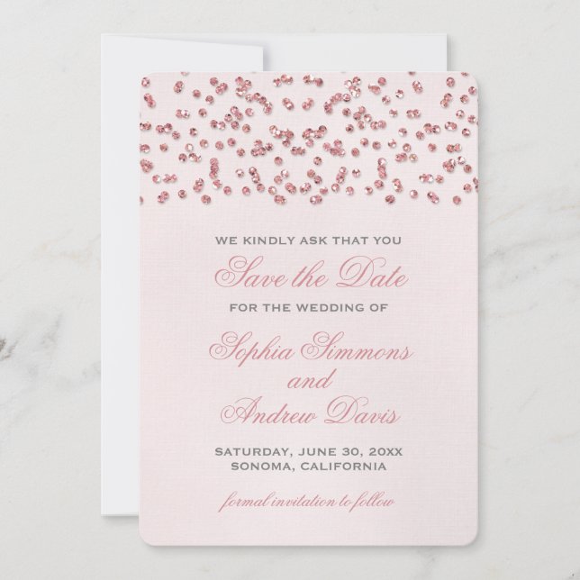 Rosa Glitzer Look Confetti Save the Date (Vorderseite)