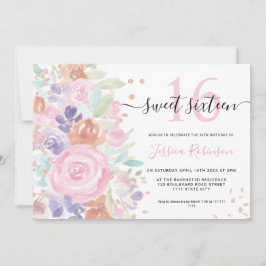Rosa Glitzer mit floraler Farbe Sweet 16 Foto Einladung