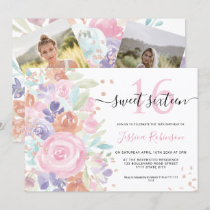 Rosa Glitzer mit floraler Farbe Sweet 16 Foto Einladung