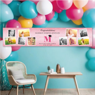 Rosa Glitzer Monogram 10 Foto Graduation Party Banner