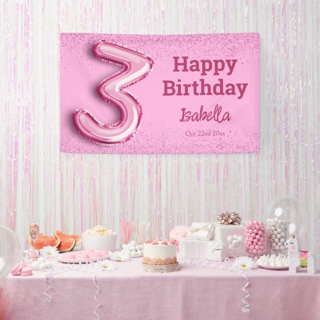 Rosa Glitzer niedlicher Ballon Nr.3 Mädchen 3. Geb Banner (Party)