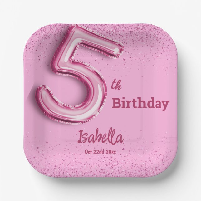 Rosa Glitzer niedlicher Ballon Nr.5 Mädchen 5. Geb Pappteller (Vorderseite)
